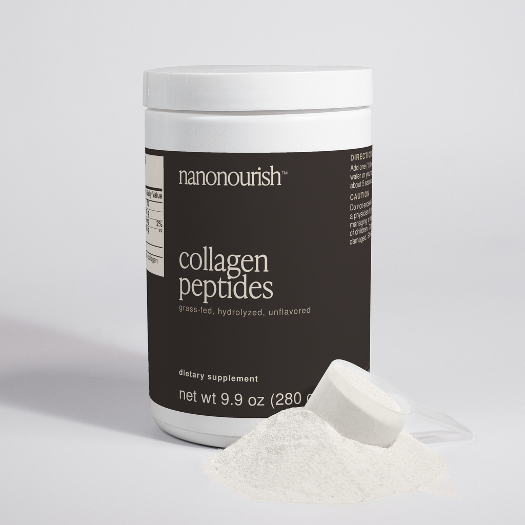 nanonourish™ collagen peptides, label view 3 with a scoop of powder