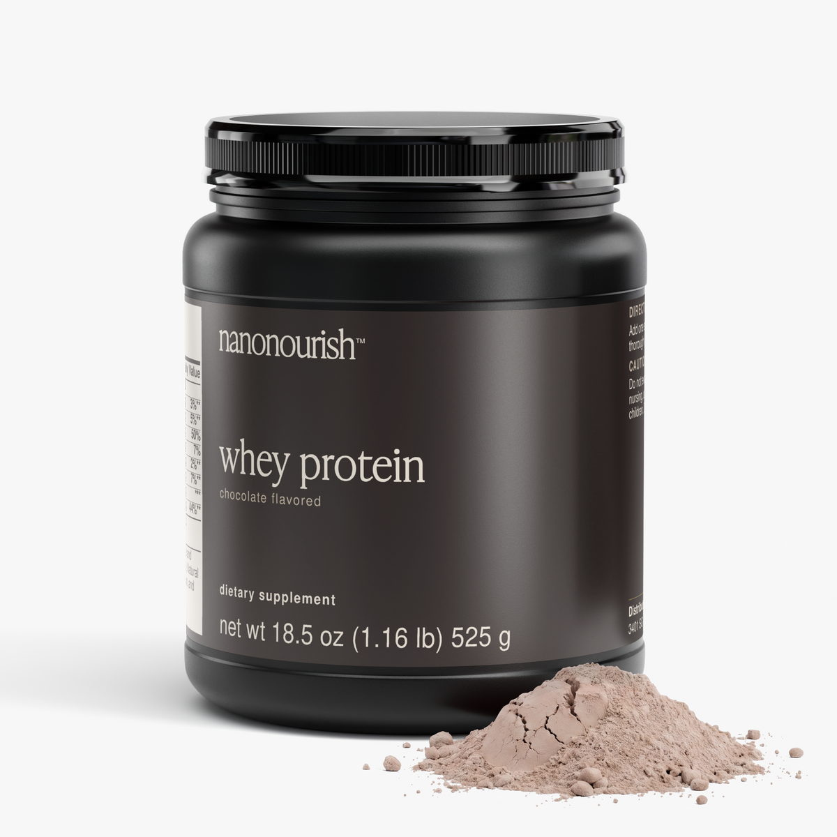 nanonourish™ whey protein chocolate, label view 1 with powder