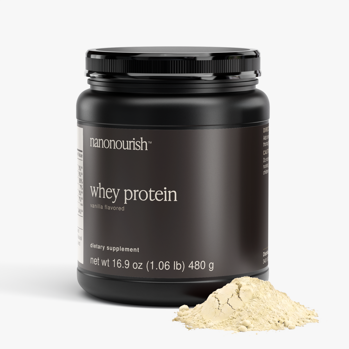 nanonourish™ whey protein vanilla, label view 1 with powder