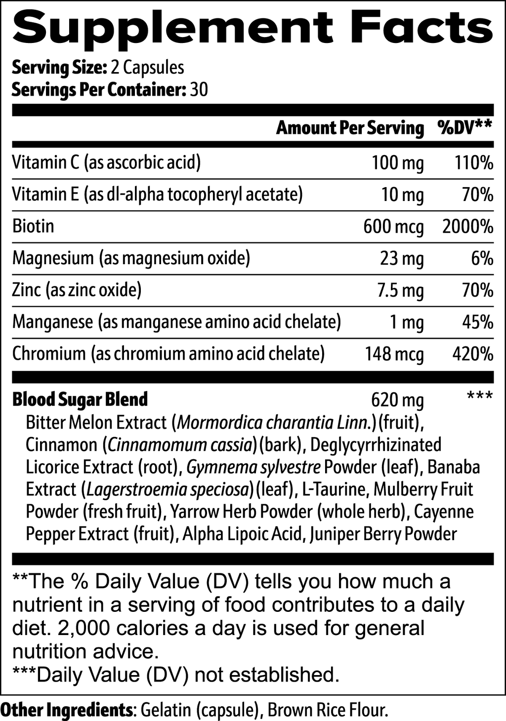 nanonourish™ normal blood sugar support supplement facts panel