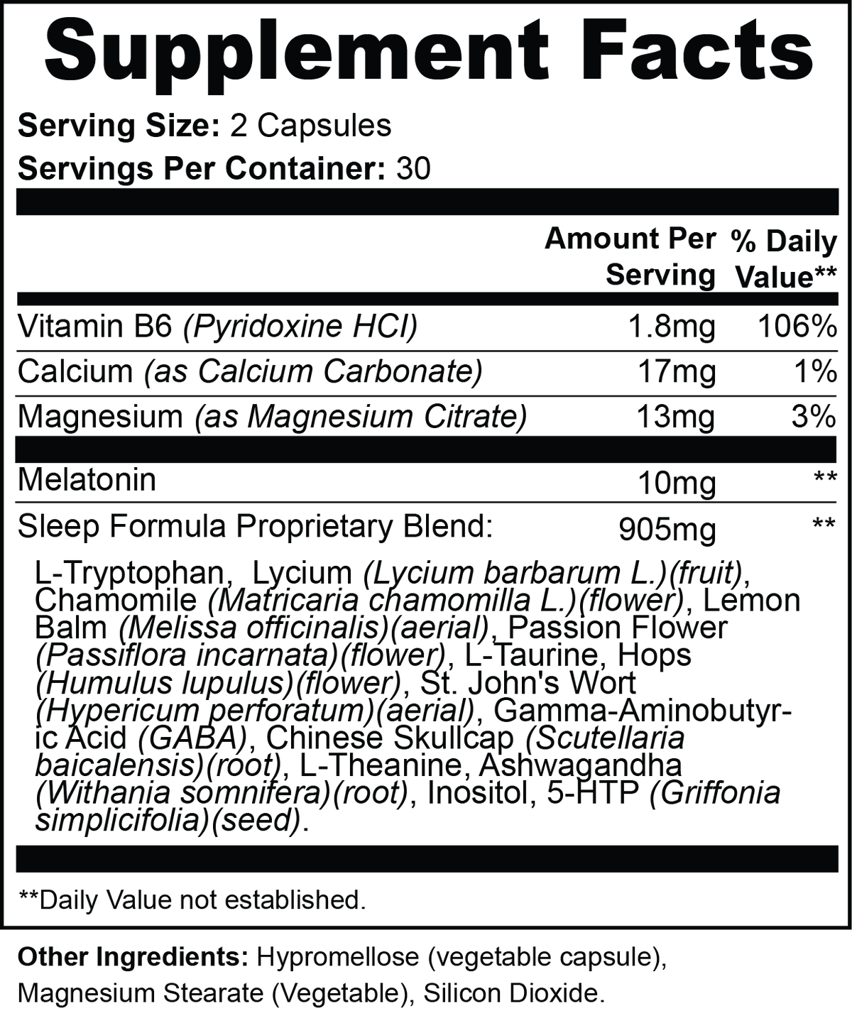 nanonourish™ sleep support supplement facts panel