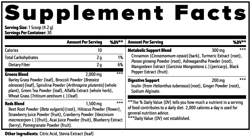 nanonourish™ greens superfood supplement facts panel