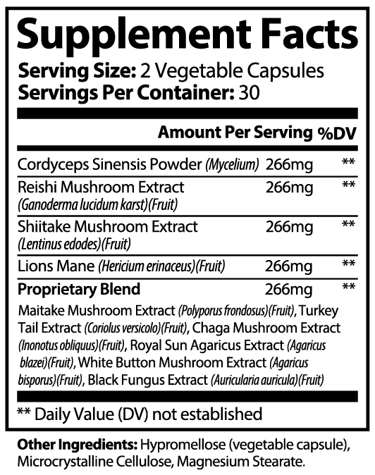 nanonourish™ mushroom complex 10 x supplement facts panel