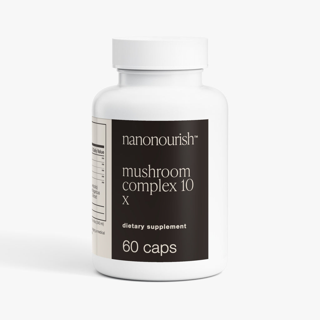 nanonourish™ mushroom complex 10 x, front of the label